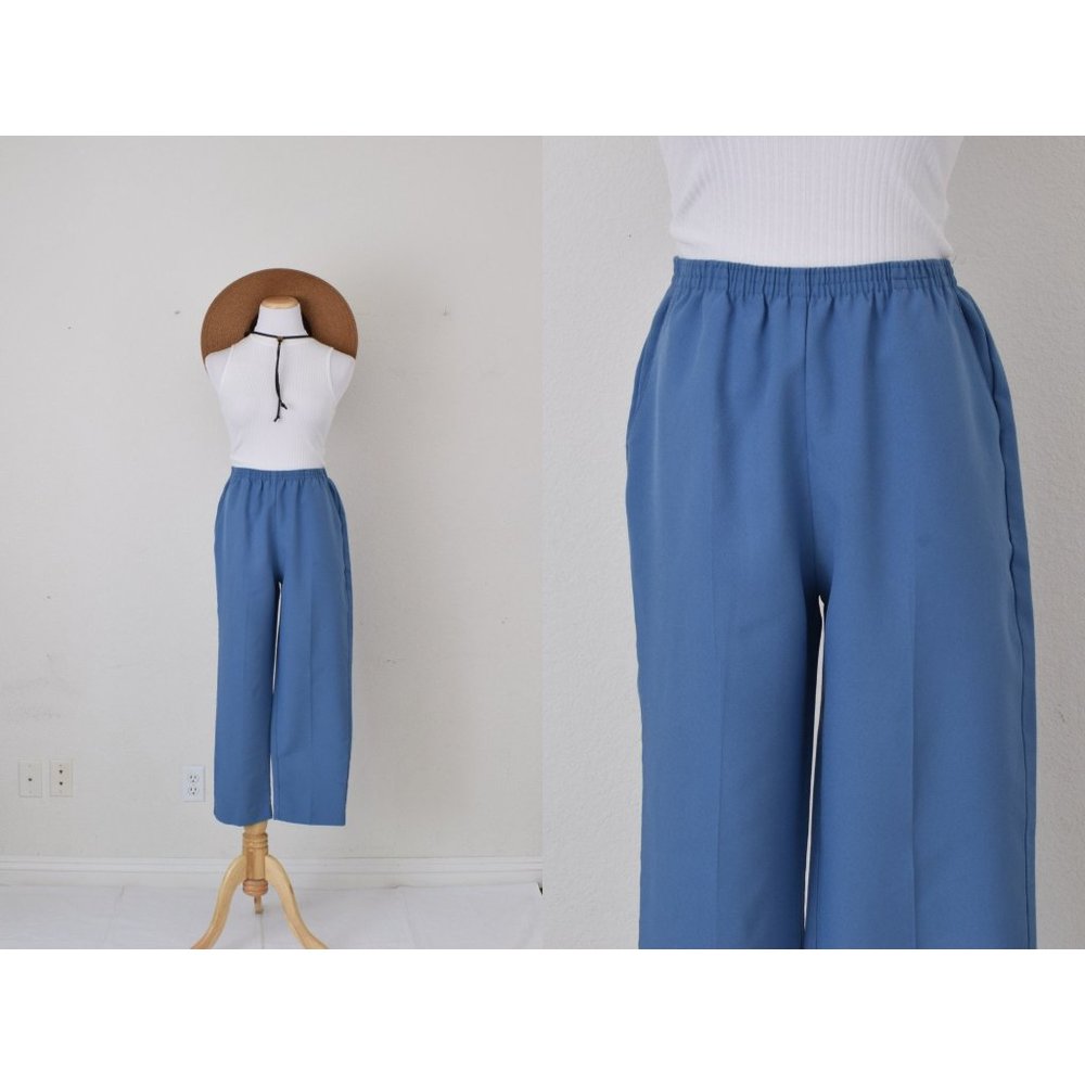 Vintage 80s Cornflower Blue Gathered Waist Polyester‎ Trousers | 26-34 waist